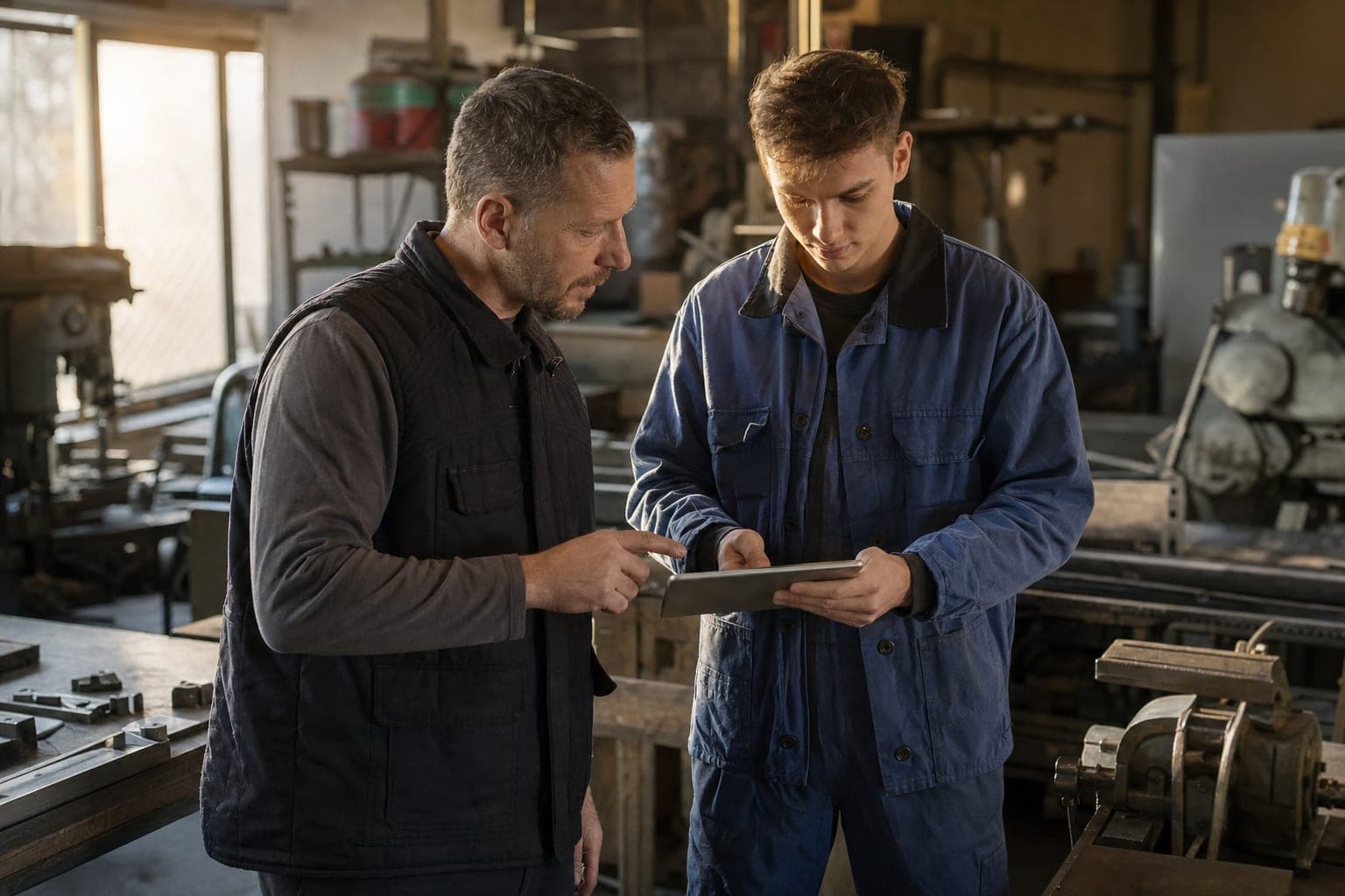 Betriebsinhaber und neue Fachkraft am Tablet in der Werkstatt